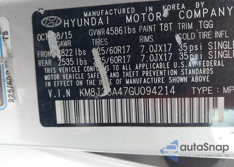 2016 Hyundai Tucson Se из США, поврежденный, VIN KM8J33A47GU094214